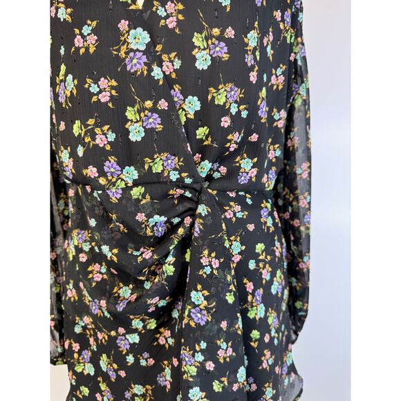 Zara Black Floral Surplice Mini Dress Women's Large Balloon Cottagecore Boho - Picture 4 of 16